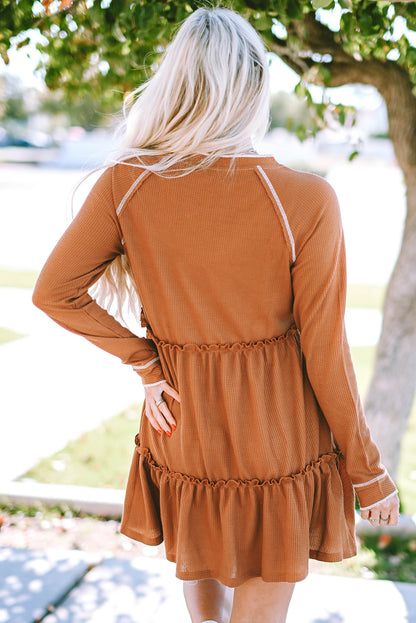 Chestnut Textured Tiered Ruffled Long Sleeve Mini Dress