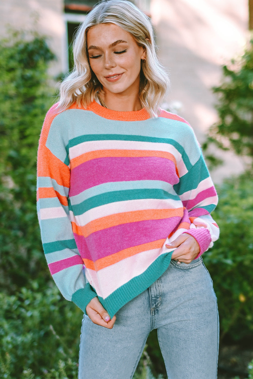 Multicolor Striped Knit Drop Shoulder Puff Sleeve Sweater