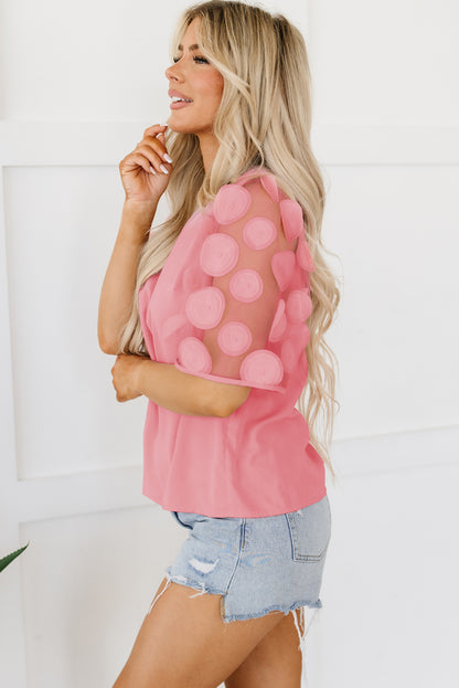 Stoffige roze contrasterende appliqué mesh blouse met halve mouwen