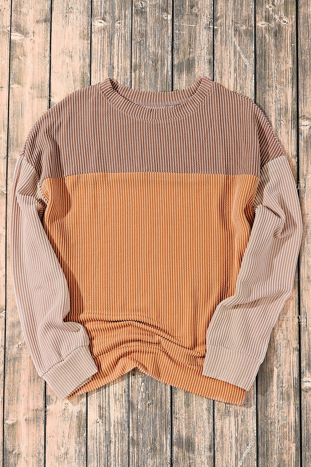 Khaki Color Block Long Sleeve Ribbed Loose Top