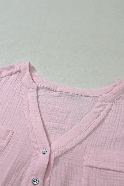 Roze gekreukelde henley-top met lange mouwen en split