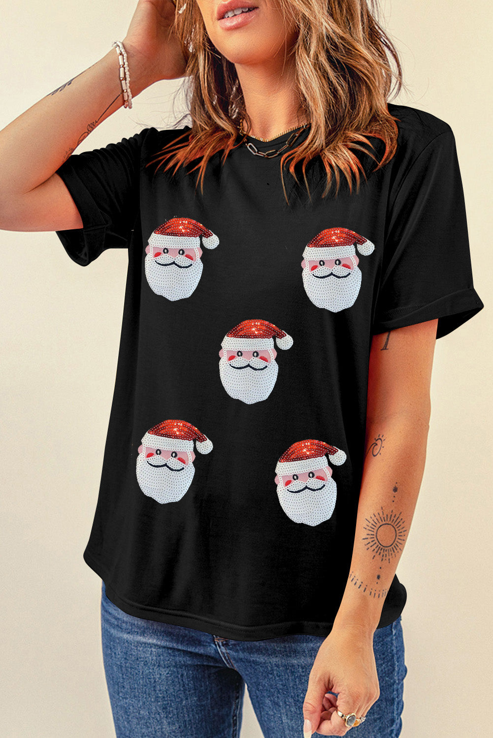 Black Faux Sequin Christmas Claus Patroon Crewneck T -shirt