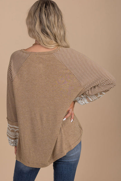 Light French Beige Floral Striped Patchwork Loose Long Sleeve Top