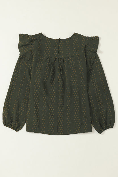 Zwartachtig groene kanten blouse met ruches aan de schouder en lange mouwen