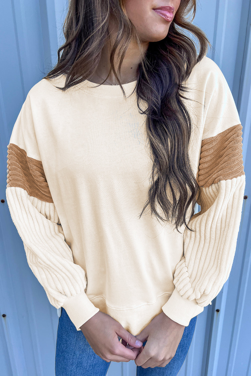 Abrikoos Corduroy Patchwork Drop Shoulder Sweatshirt met Lange Mouwen