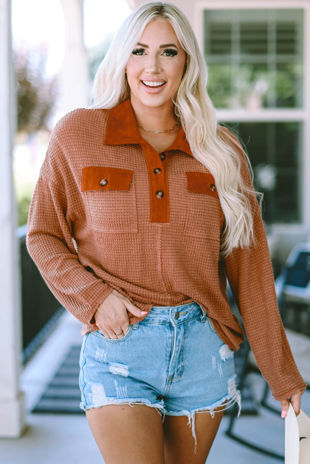 Brown Waffle Knit Button Contrast Trim Long Sleeve Top