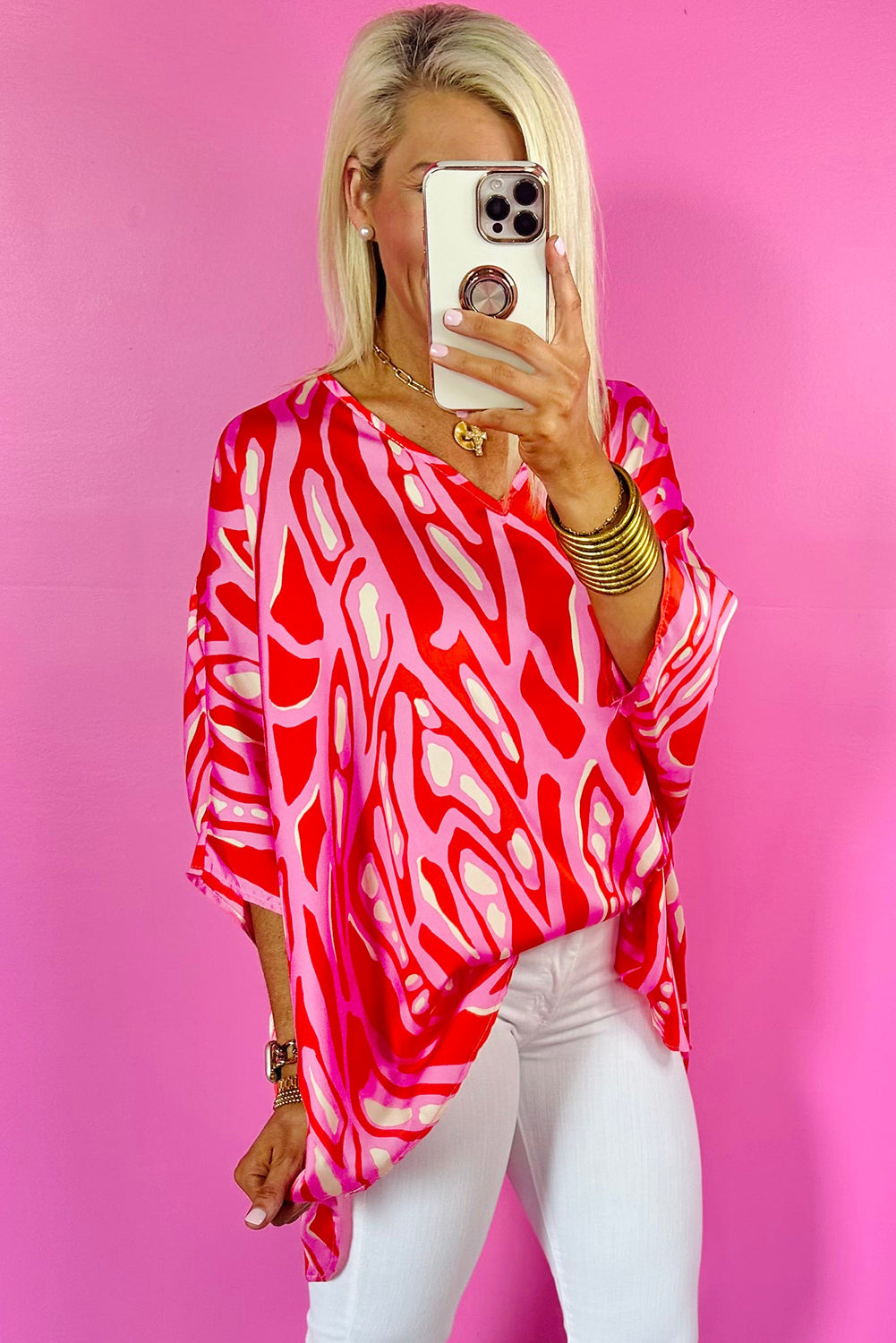 Rode abstracte print v nek batwing mouw oversized blouse