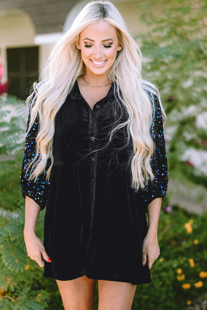 Black Sequin Puff Sleeve Buttoned Velvet Peplum Shirt