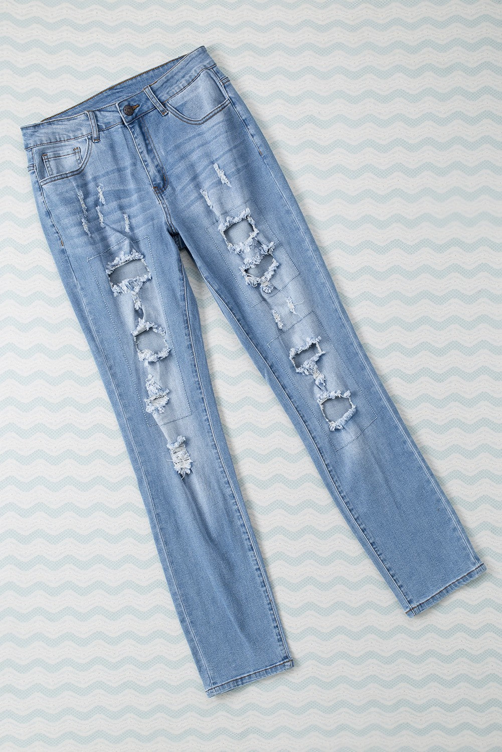 Sky Blue Buttoned Pockets Distressed Jeans