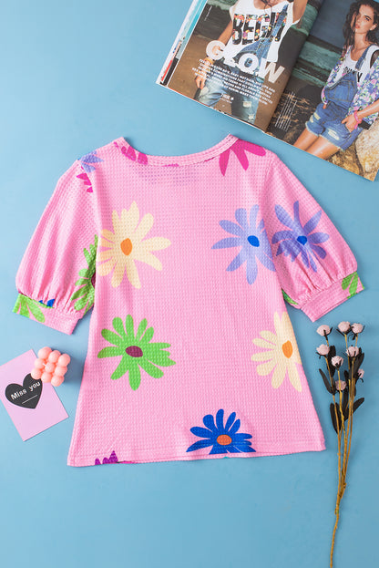 Pink Textured Colorful Floral Print Puff Sleeve T Shirt