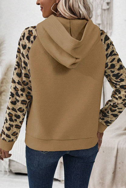 Licht Franse beige luipaardprint patchwork raglan mouw halve knoppen hoodie