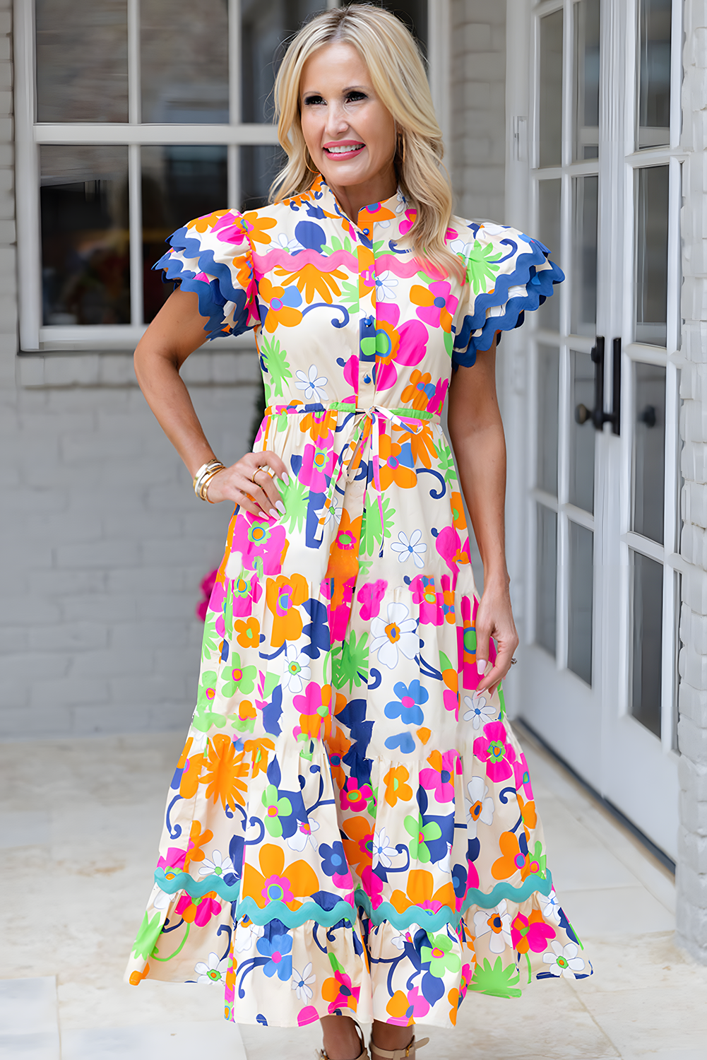 Roze Ricrac-versiering maxi-jurk met bloemenmouwen en knoopsluiting