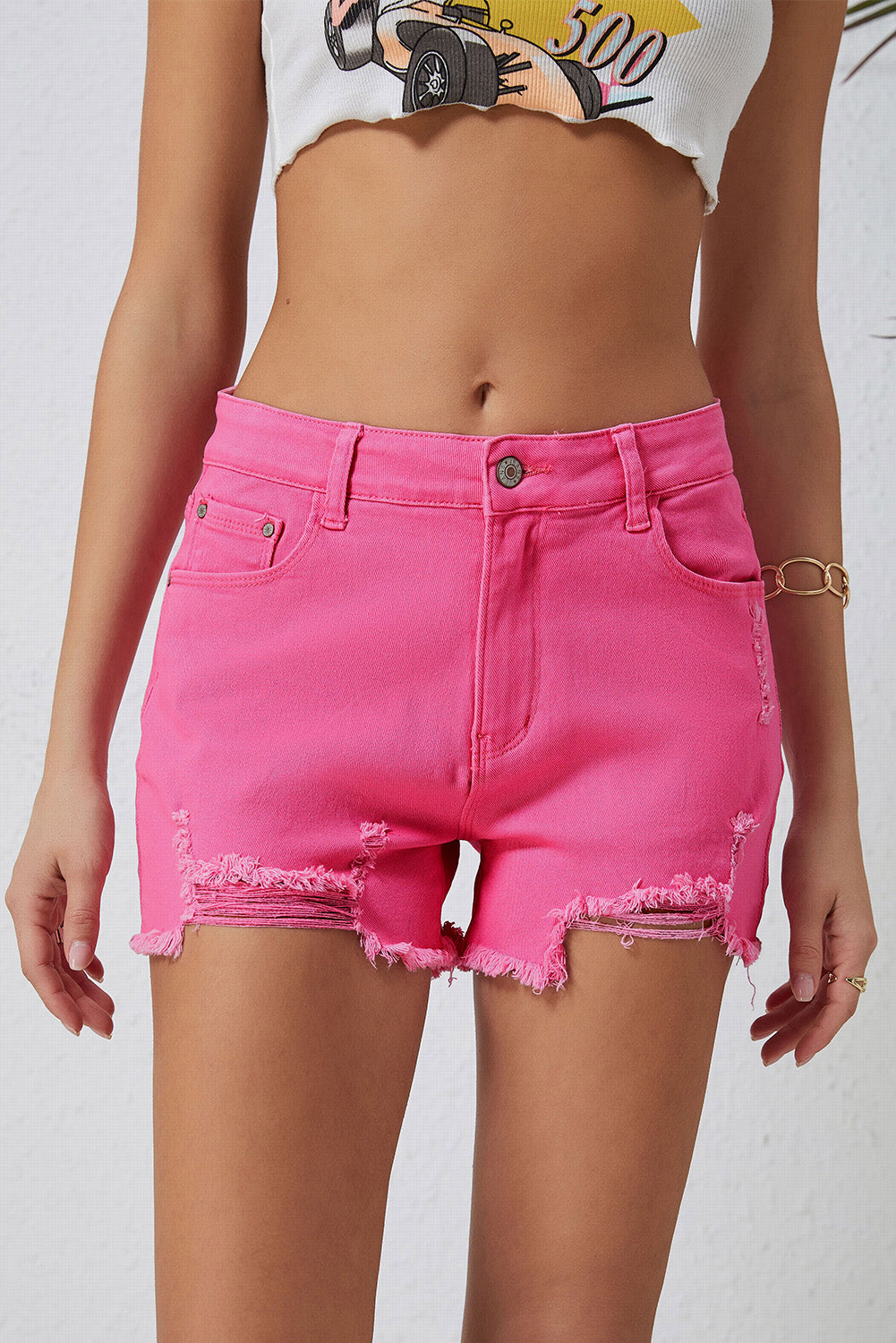 Rose Distressed slim-fit denim short met hoge taille