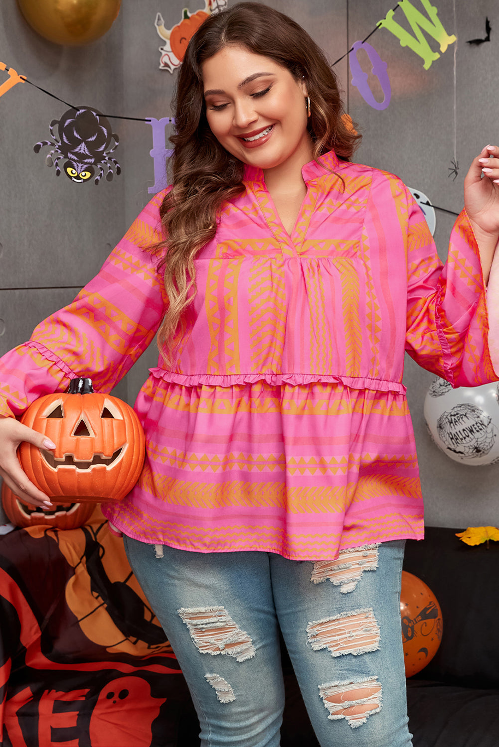 Vitality Orange Plus Size Geometrisch Geborduurd Bell Sleeve Babydoll Blouse