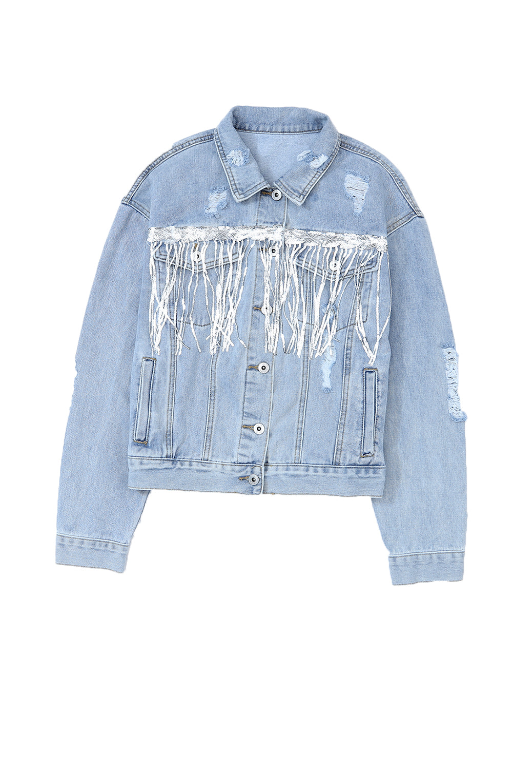 Hemelsblauw, met pailletten verfraaid denim jack met franjes