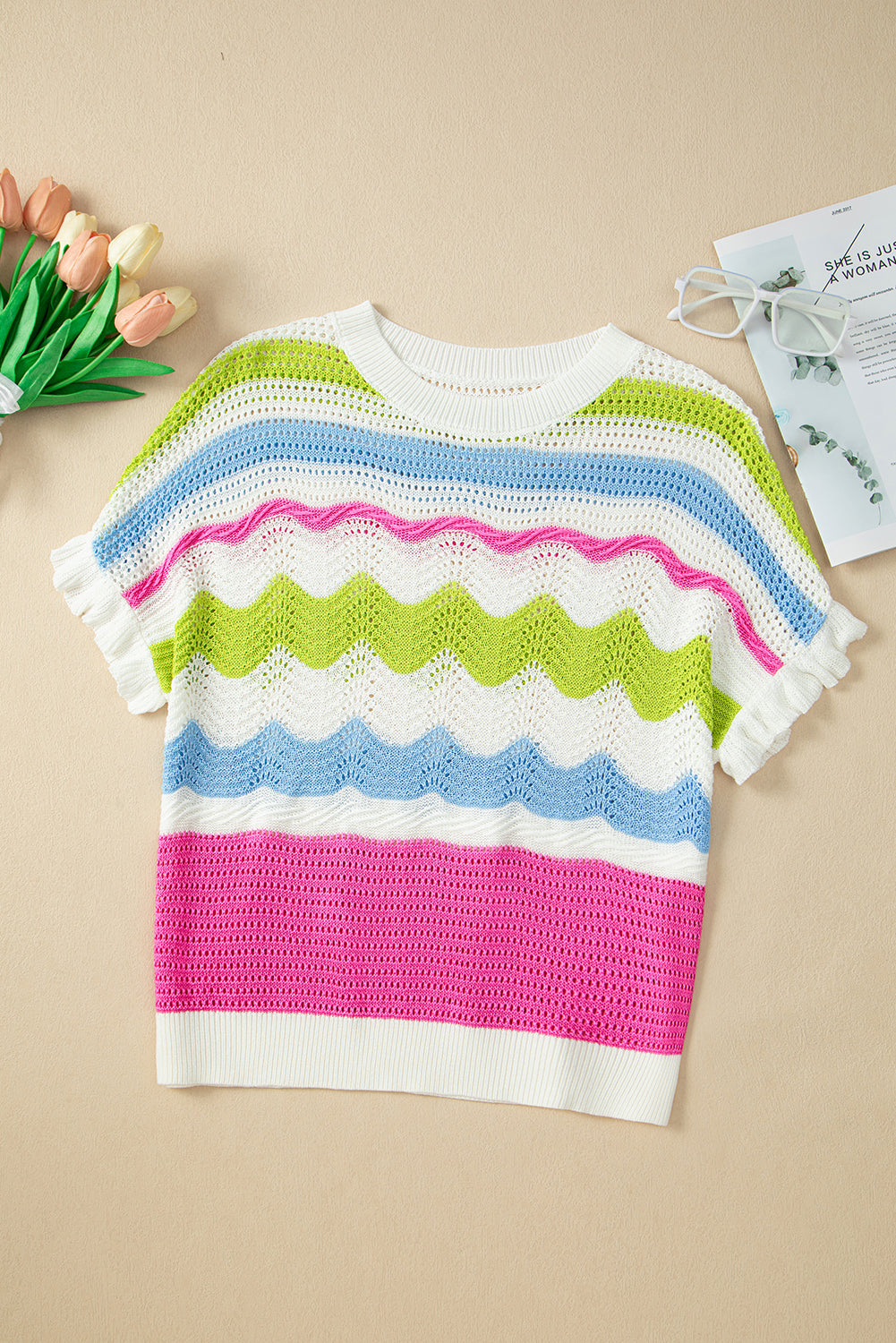 White Colorblock Crochet Knit Ruffled Short Sleeve Sweater Top