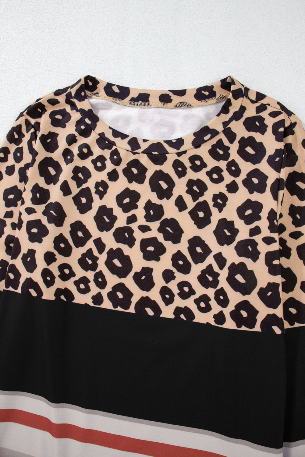 Khaki Leopard Color Block Crewneck Long Sleeve Top