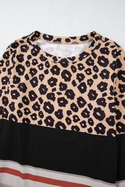 Khaki Leopard Color Block Crewneck Long Sleeve Top