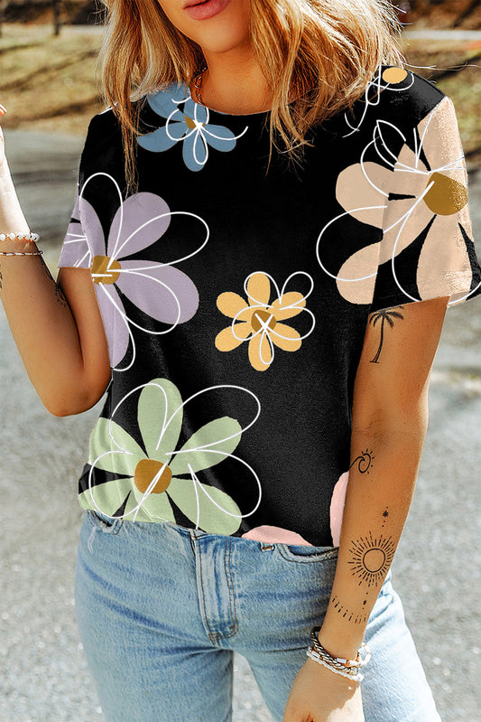 Zwart zomerbloemenprint casual T-shirt met ronde hals