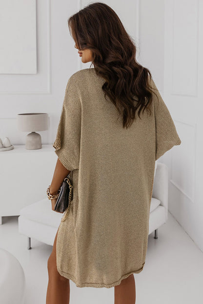 Khaki Dolman Half Sleeve Pocketed Long Cardigan