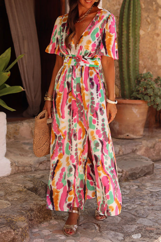 Roze maxi-jurk met boho tie-dye print en V-hals