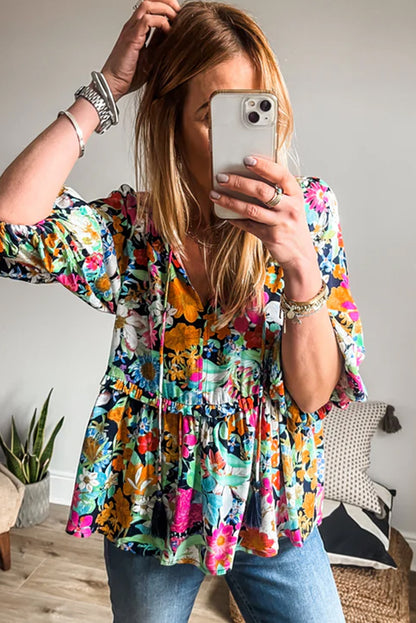 Multicolour Floral Print Bubble Sleeve V Neck Ruffled Blouse