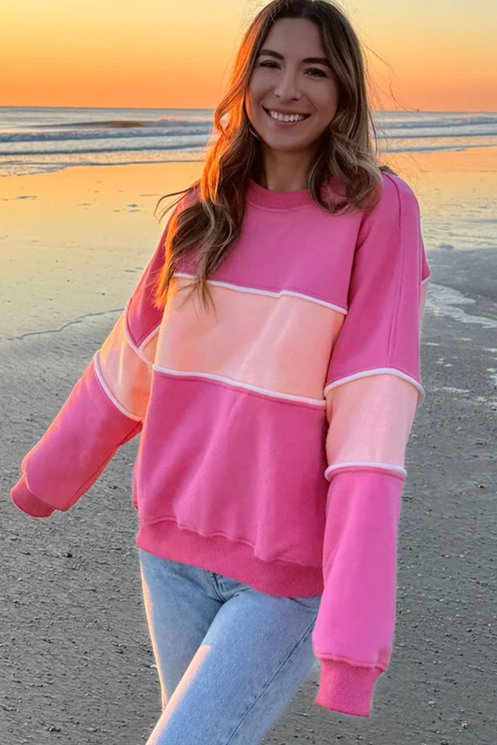 Sachet Roze Colorblock Patchwork Drop Shoulder Geribbelde Afwerking Sweatshirt