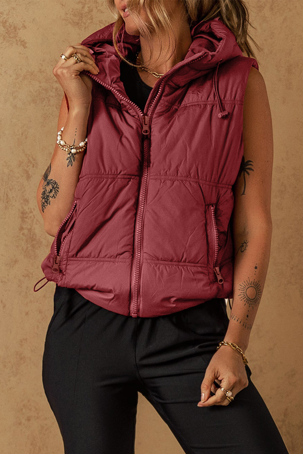 Klei Zip-up Zijzakken Capuchon Puffer Vest