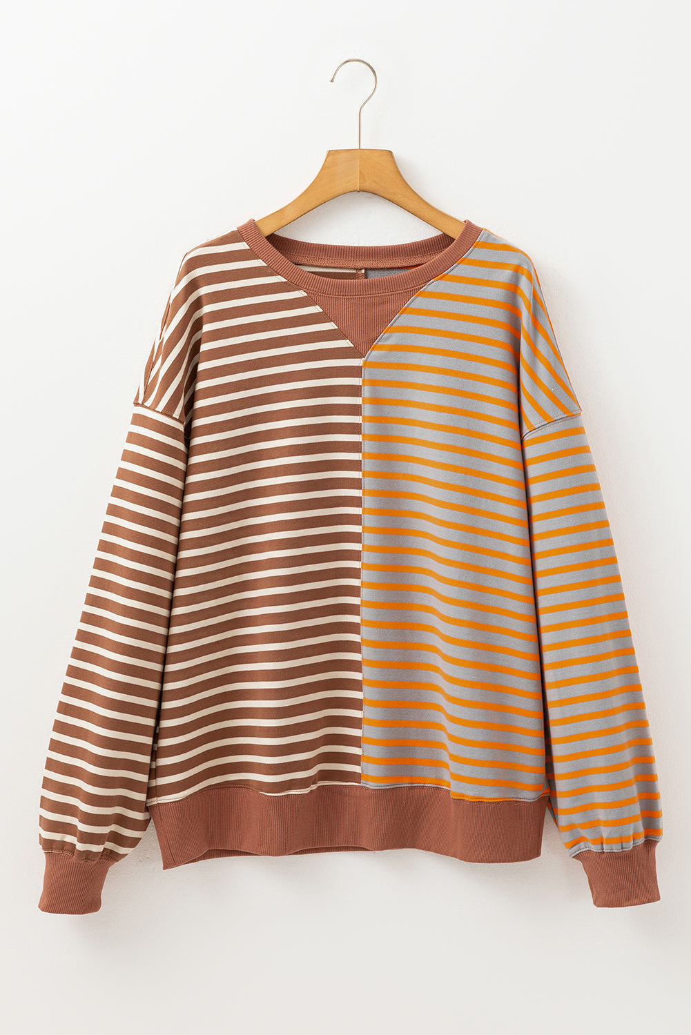 Pink Stripe Casual Stripe Colorblock Drop Shoulder Oversize Sweatshirt