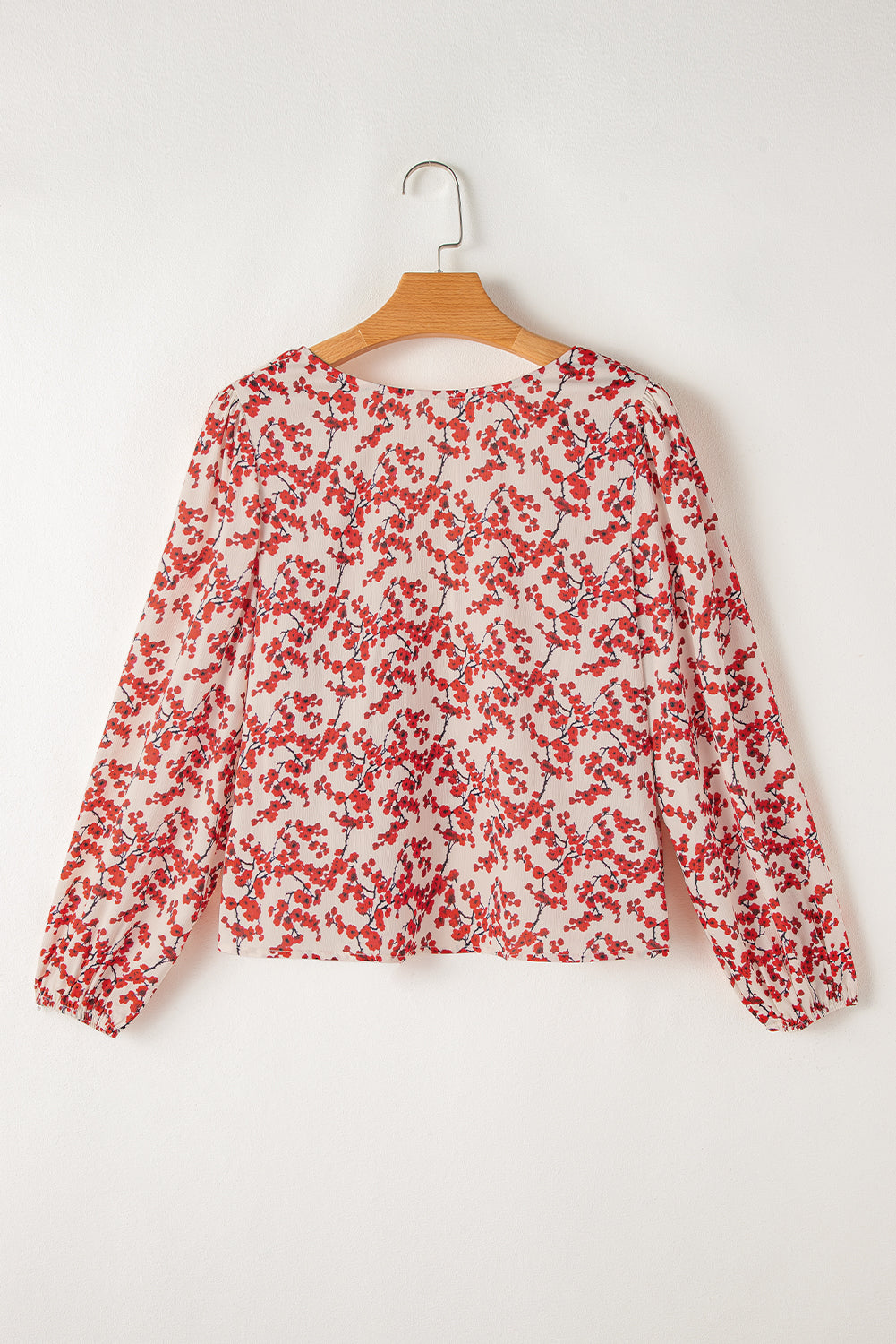 Red Floral Print Long Sleeve Open Back Blouse