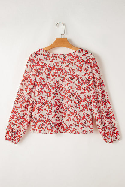 Red Floral Print Long Sleeve Open Back Blouse