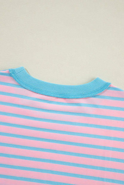 Sky Blue Stripe Contrast Trim High Low Pullover Tunic Sweatshirt