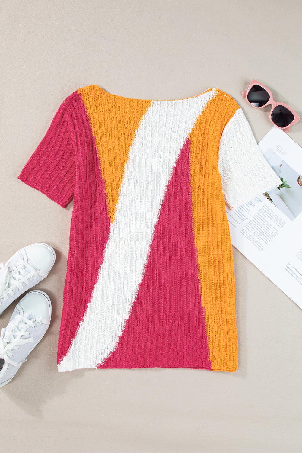 Orange Textured Knit Colorblock Short Sleeve Sweater