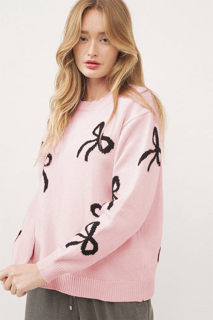 Light Pink Bow Pattern Knitted Loose Fit Sweater