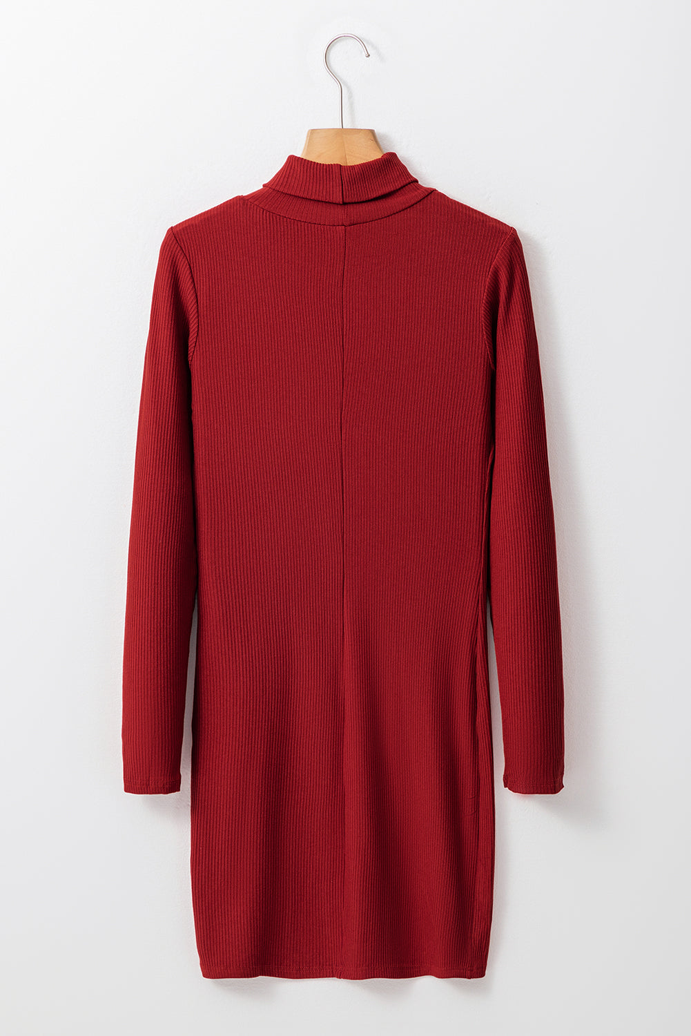 Racing Red Ribbed Knit Mini-jurk met lange mouwen en hoge hals