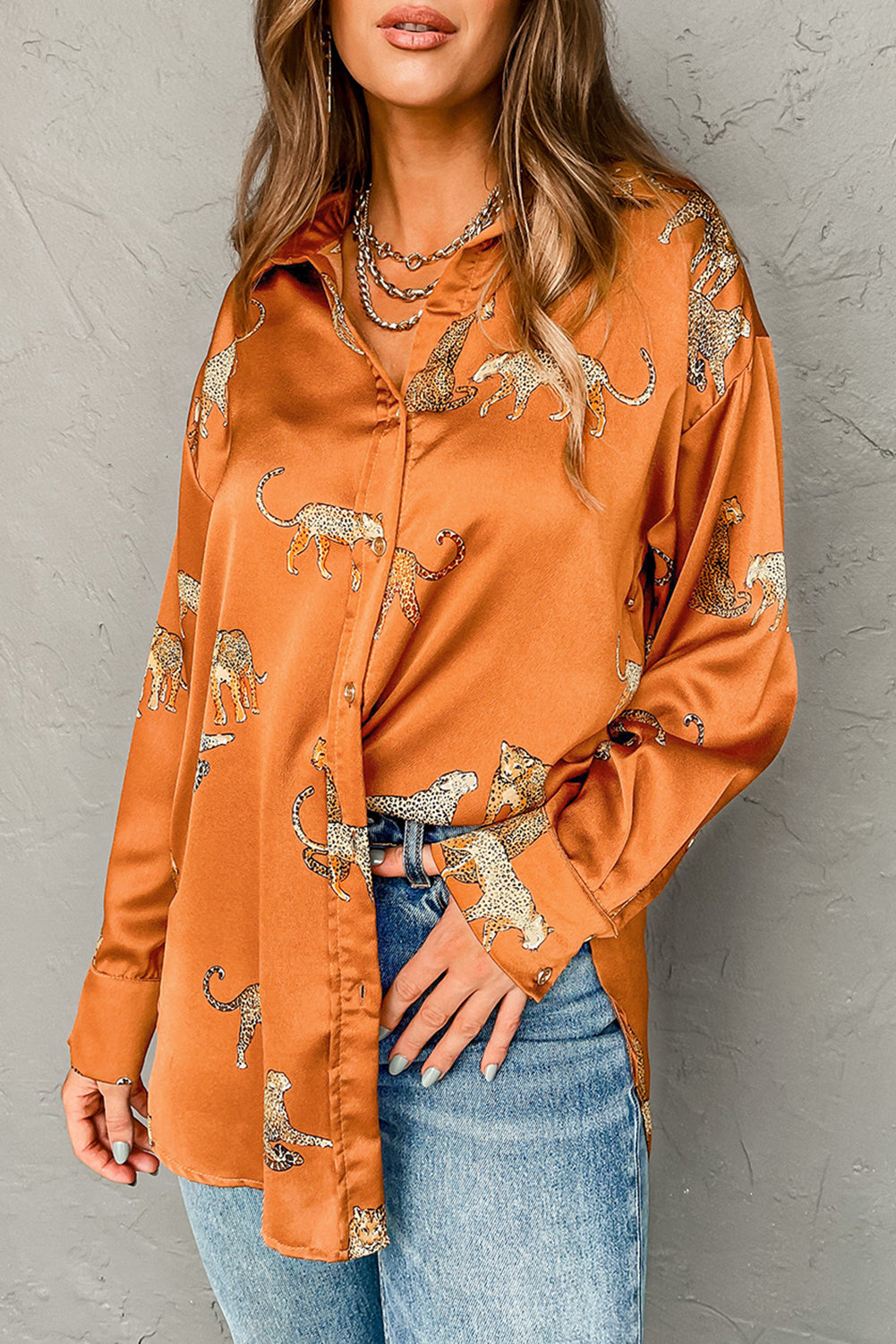 Russet Orange Cheetah Animal Print Button Up Satin Shirt