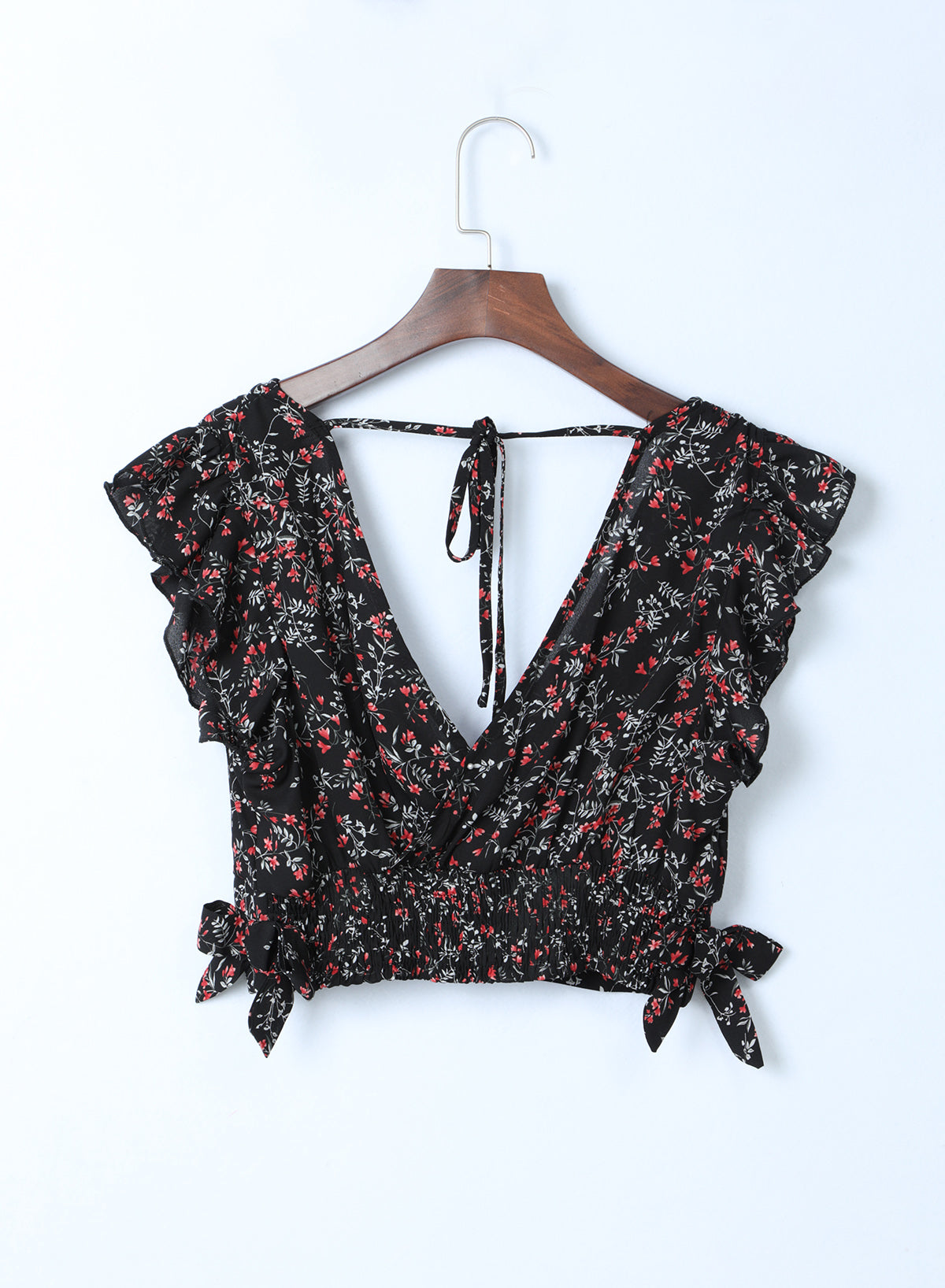 Zwart veelkleurige crop top en maxirok met bloemen en ruches