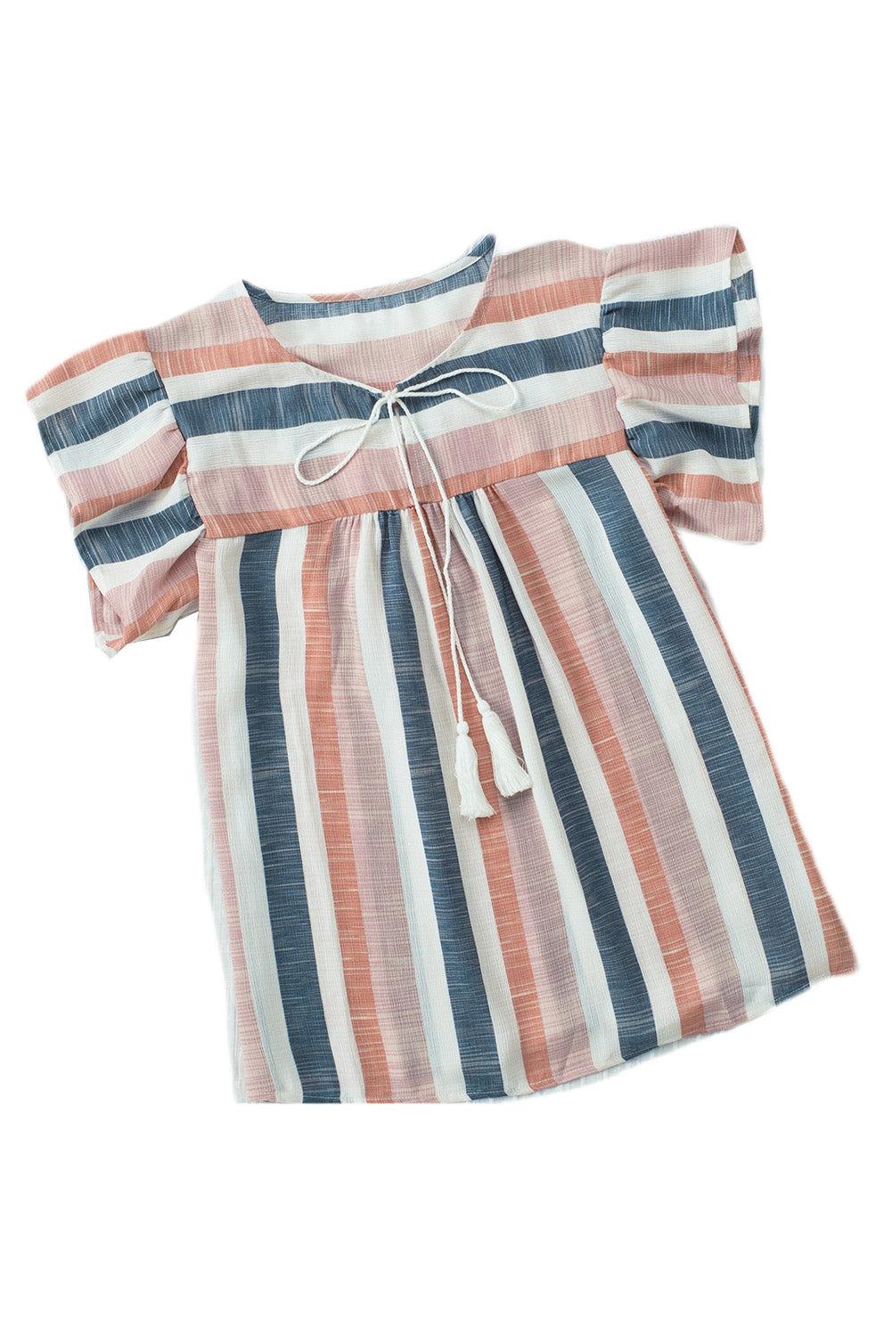 Multicolor Stripes Split Neck Pleated Ruffled Short Sleeves Top