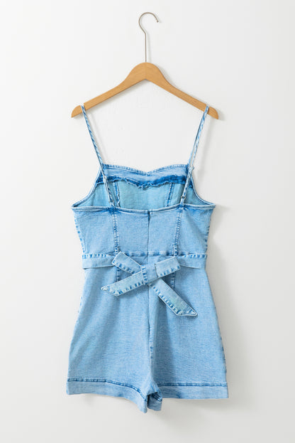 Beau blauwe spaghettibandjes denim romper met riem