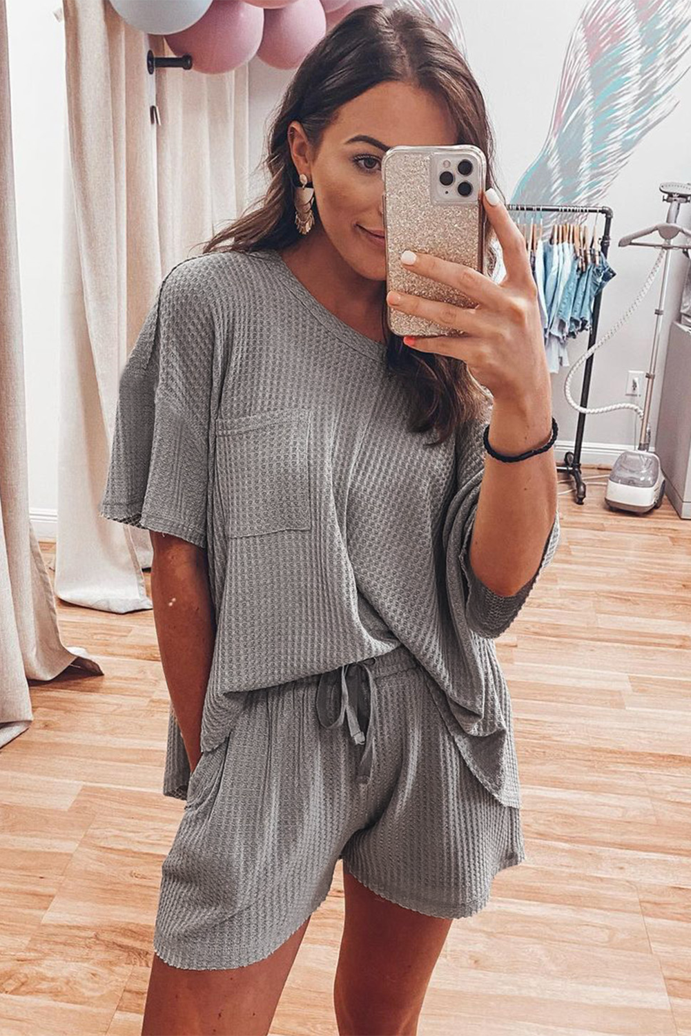 Gray Solid Color Waffle Knit T Shirt and Shorts Set