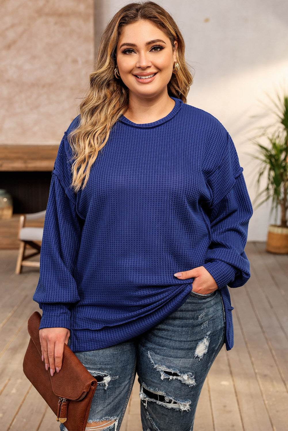 Blauw Grote maten wafelgebreide oversized top met zichtbare naden