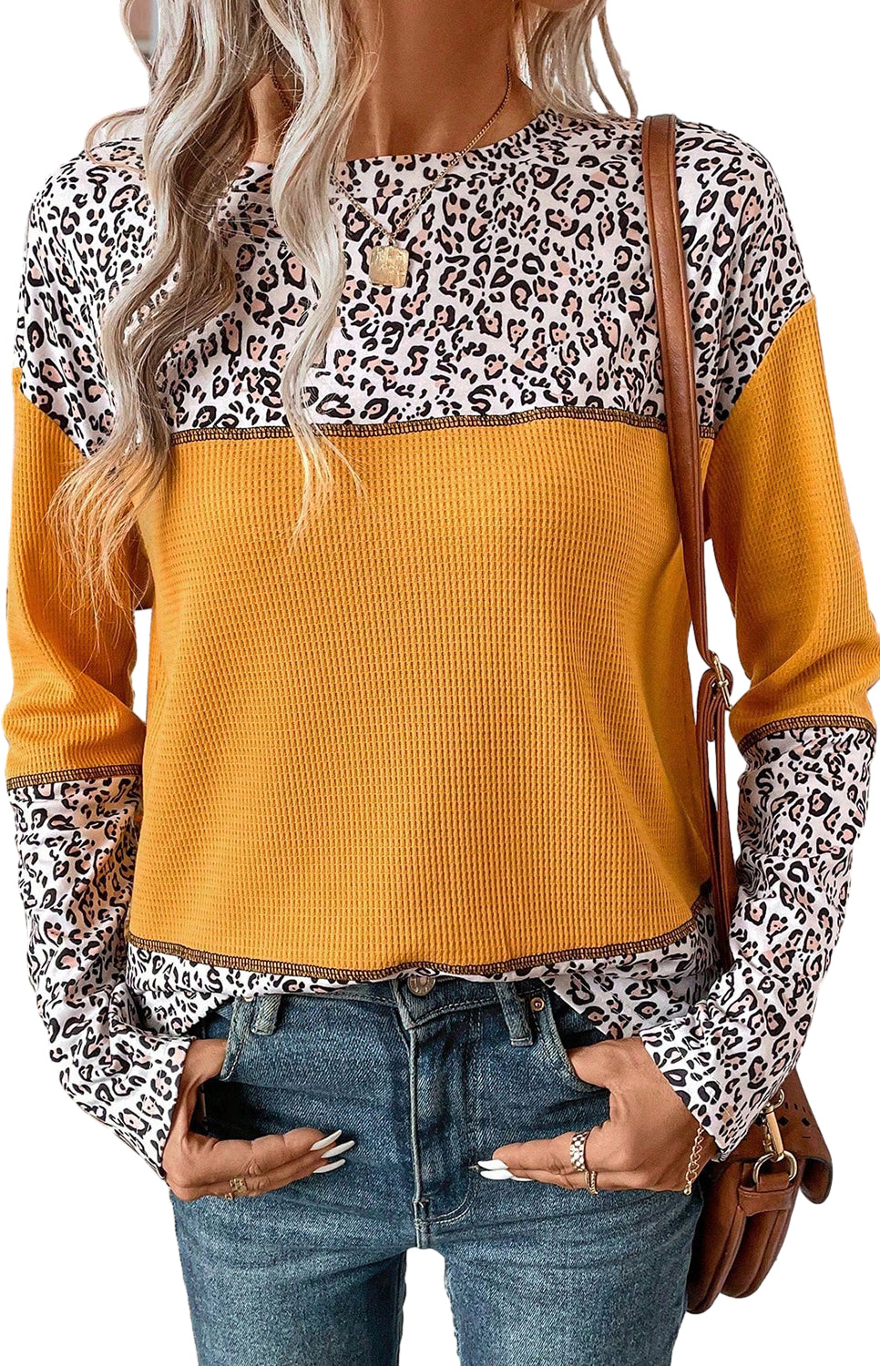 Vitality Orange Leopard Print Waffle Knit Patchwork Top