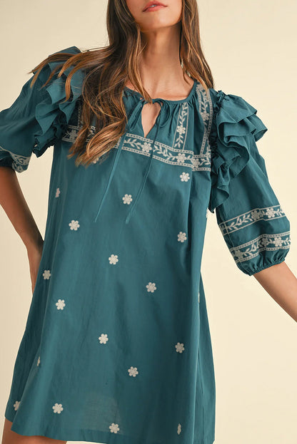 Skobeloff Boho Floral Ruffle Puff Sleeve Lace-Up V Neck Mini Dress