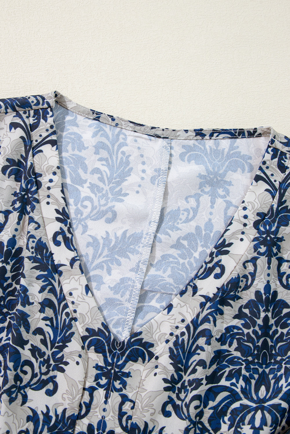 Blue Vintage Flower Three Quarter Sleeve V Neck Blouse