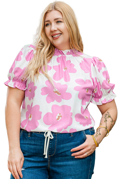 Grote maat blouse met paarse bloemen, gegolfde hals en pofmouwen