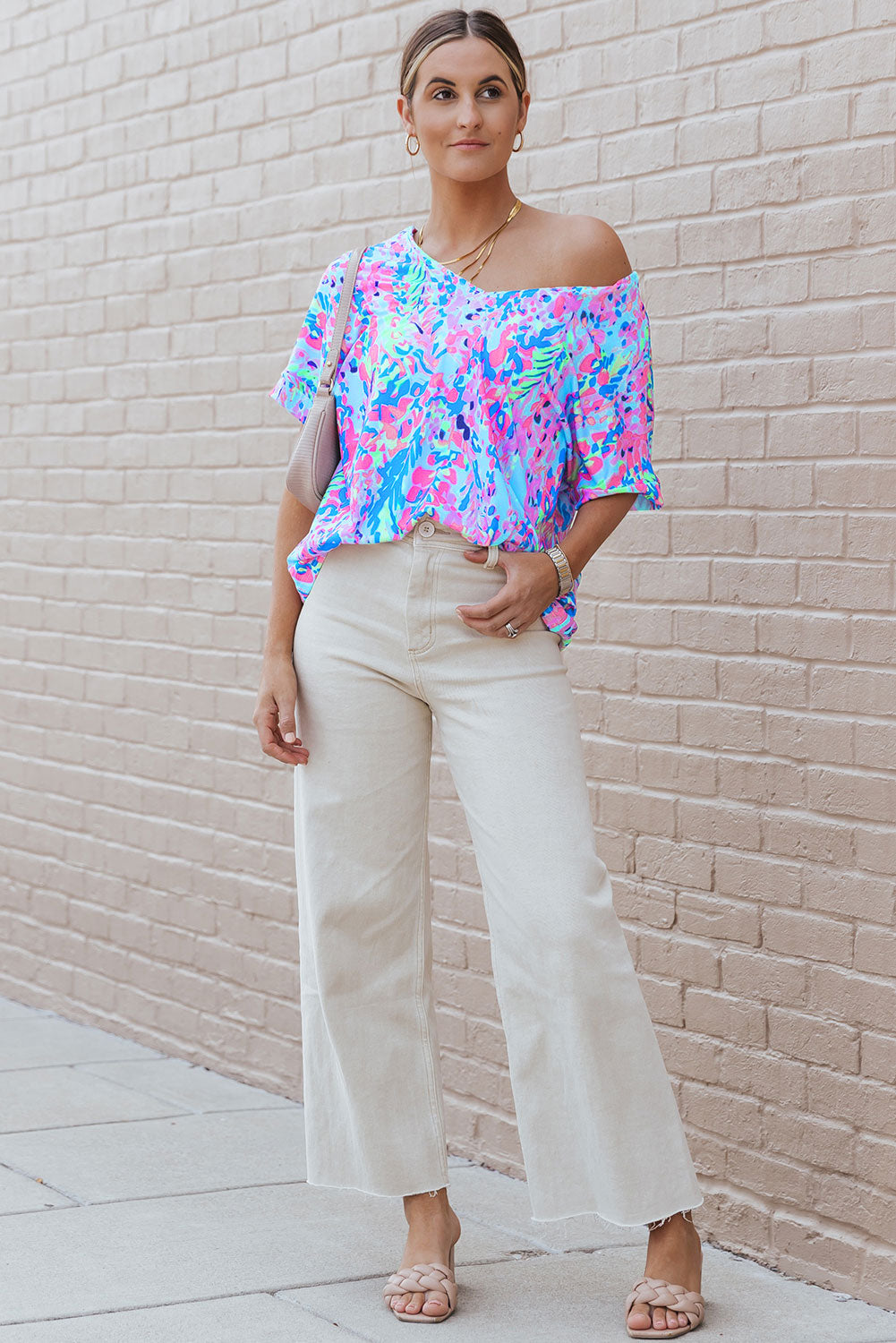 Sky Blue Loose Painted Floral Tee