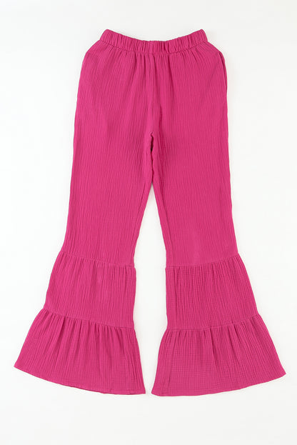 Roze getextureerde Bell Bottom-broek met hoge taille en ruches