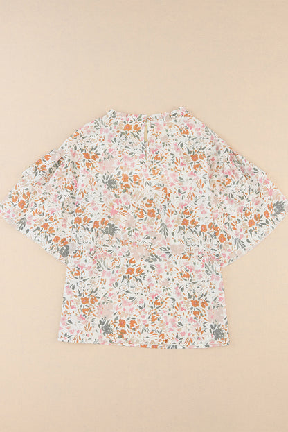 Multicolor Floral Print Wide Ruffle Sleeves Blouse