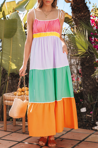 Multicolour colorblock zelfblokken riemen hoge taille flowy maxi-jurk met zakken