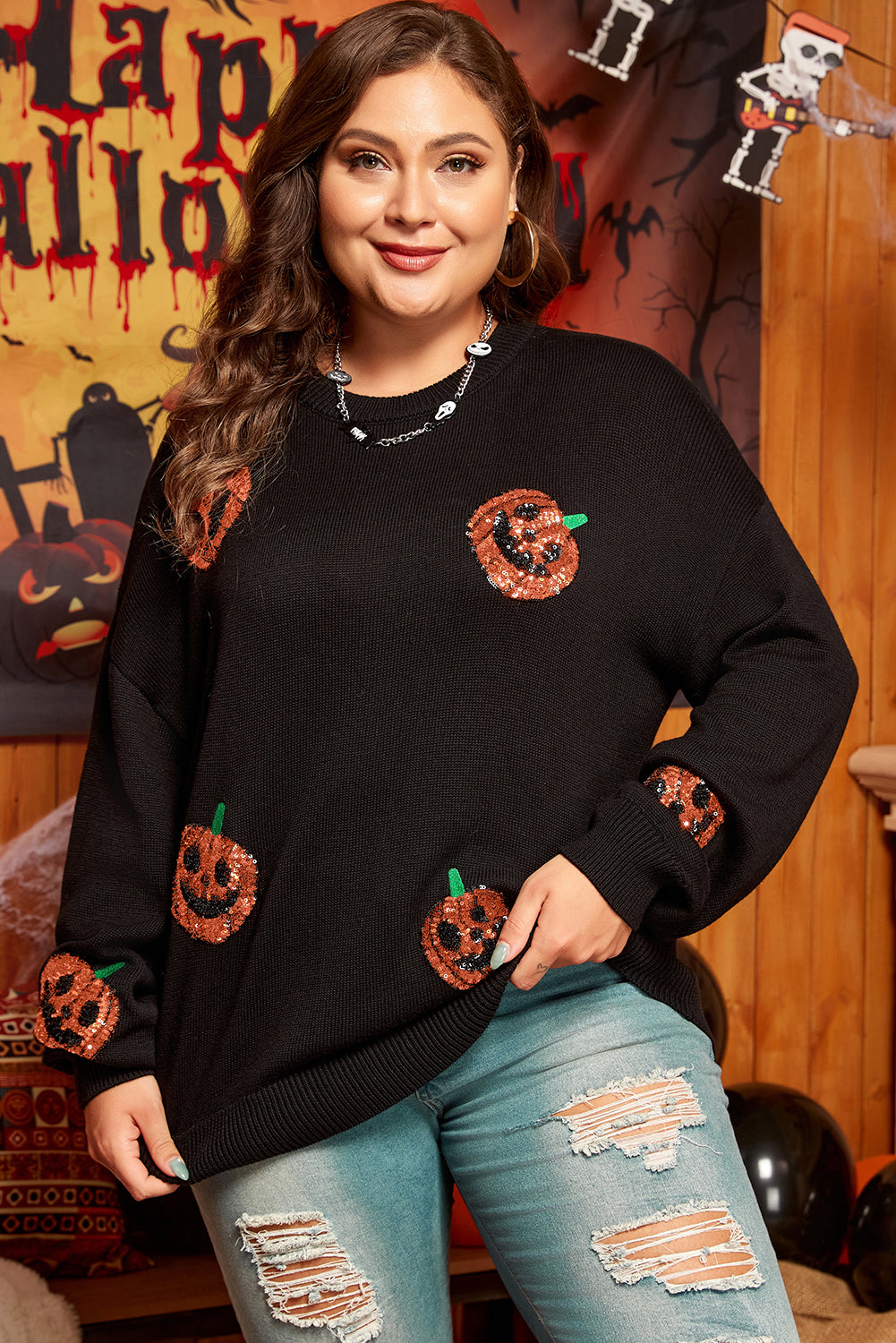 Zwart plus size Halloween -lovertjes pompoenpatroon trui